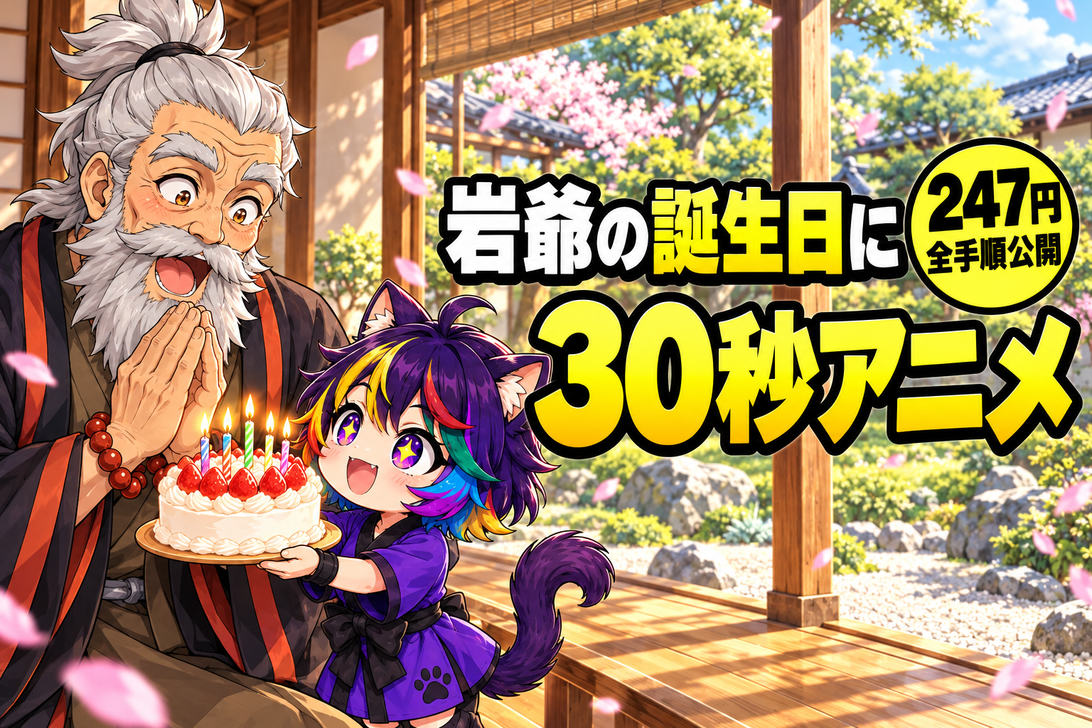 驚く岩爺に、ちびネムがろうそくを立てた誕生日ケーキを差し出している絵。題字は「岩爺の誕生日に 30秒アニメ」「247円 全手順公開」