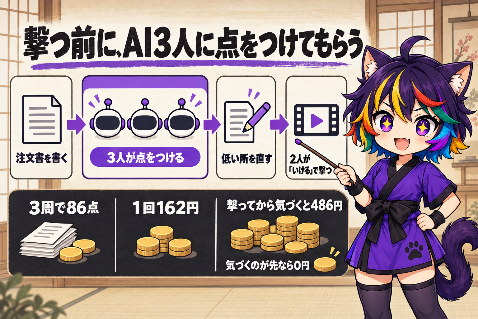 撃つ前にAI3人に点をつけてもらう流れ。注文書を書く、3人が点をつける、低い所を直す、2人がいけるで撃つ