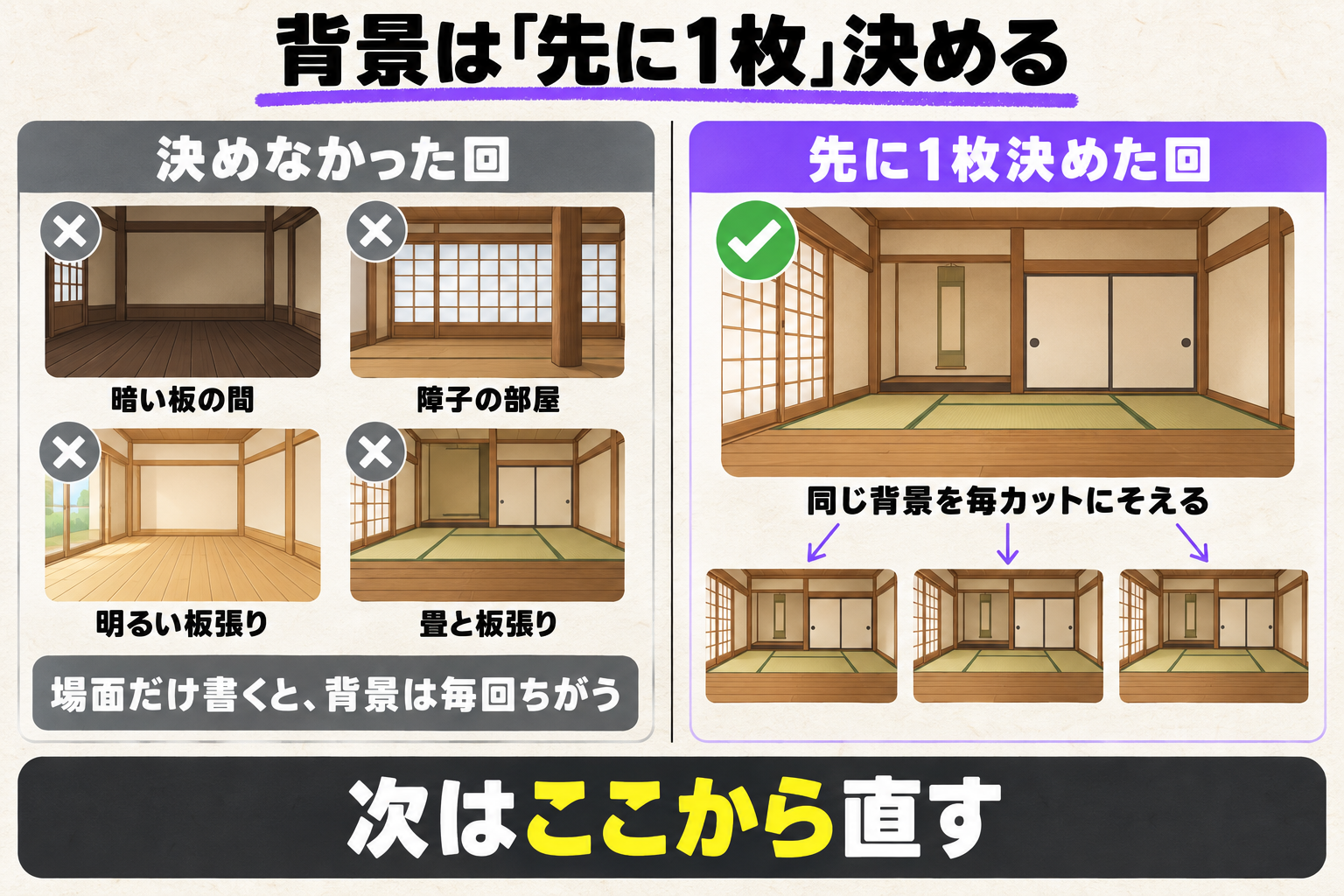 背景を決めなかった回は毎カット別の部屋になり、先に1枚決めた回は同じ部屋がそろう
