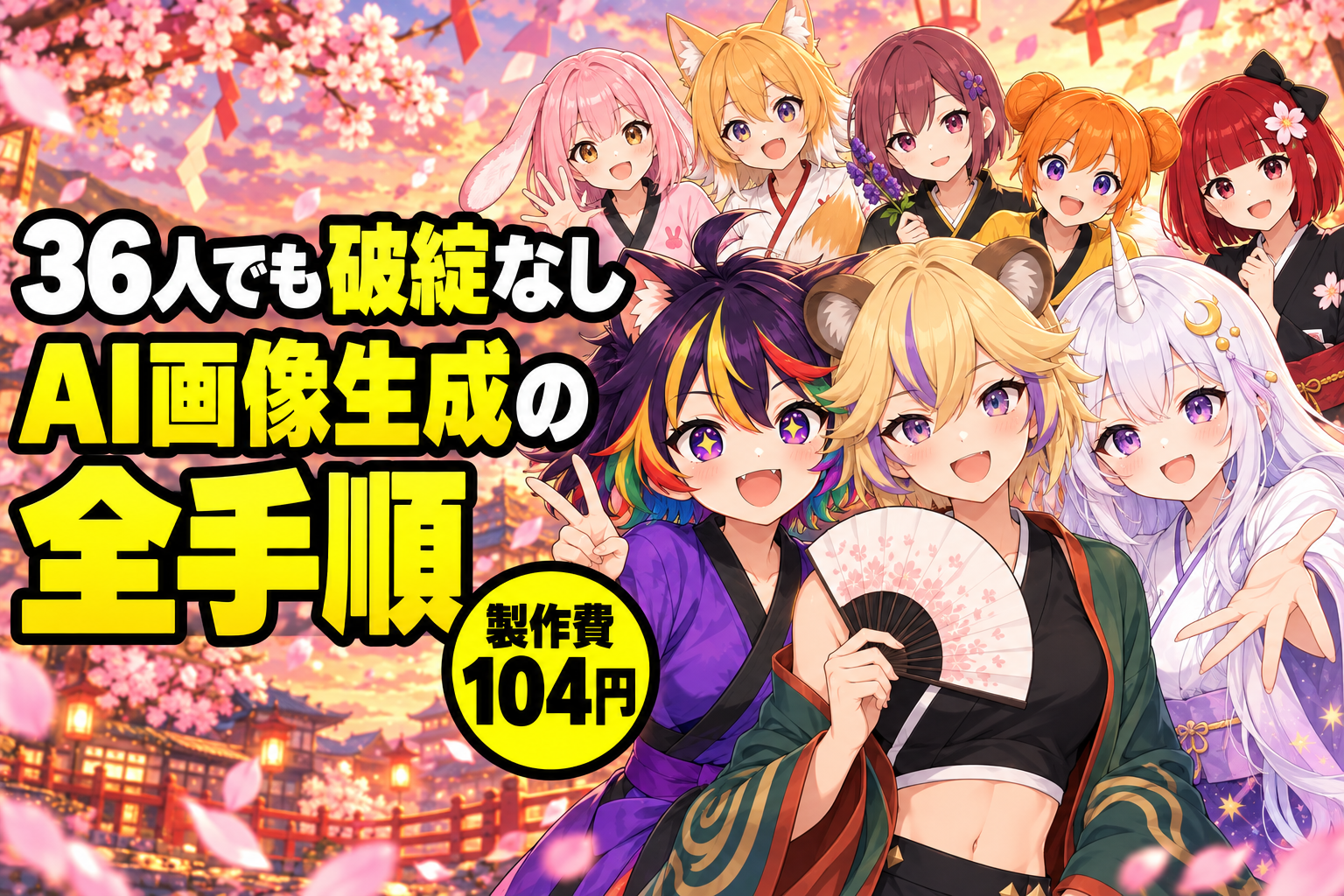 かわいい女の子8人が集まっている絵。手前にネム・マミ・エマ。題字は「36人でも破綻なし」「AI画像生成の全手順」「製作費104円」