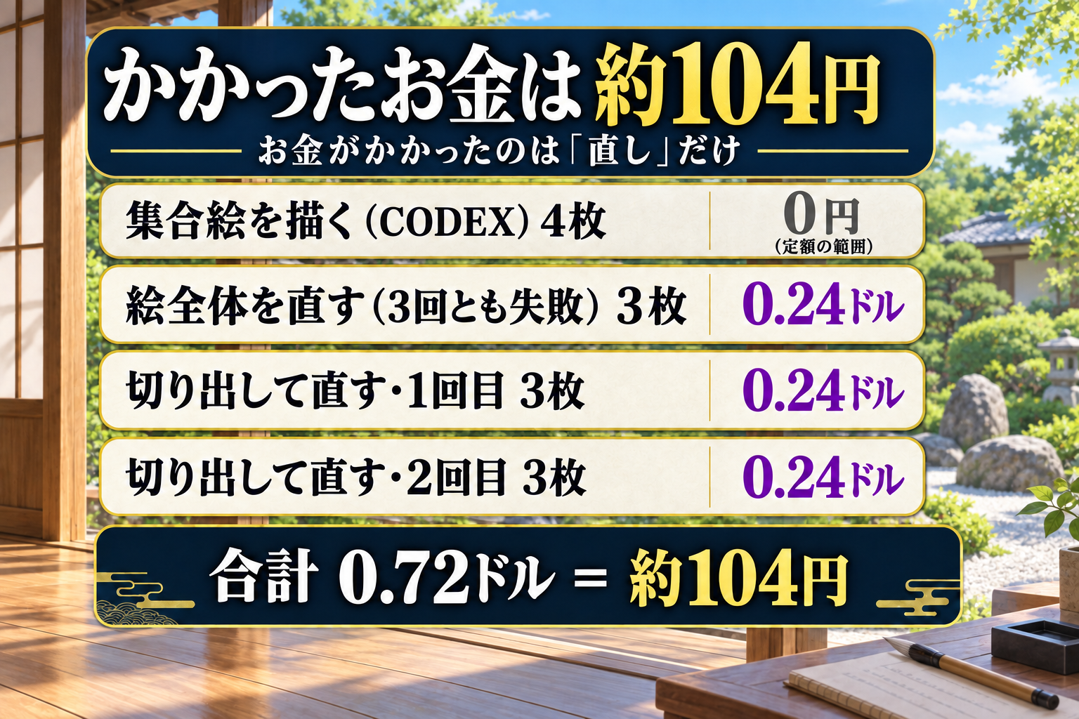 かかったお金は約104円。集合絵を描くCODEXは0円(定額の範囲)、絵全体を直す・切り出して直す1回目・2回目がそれぞれ0.24ドルで、合計0.72ドル
