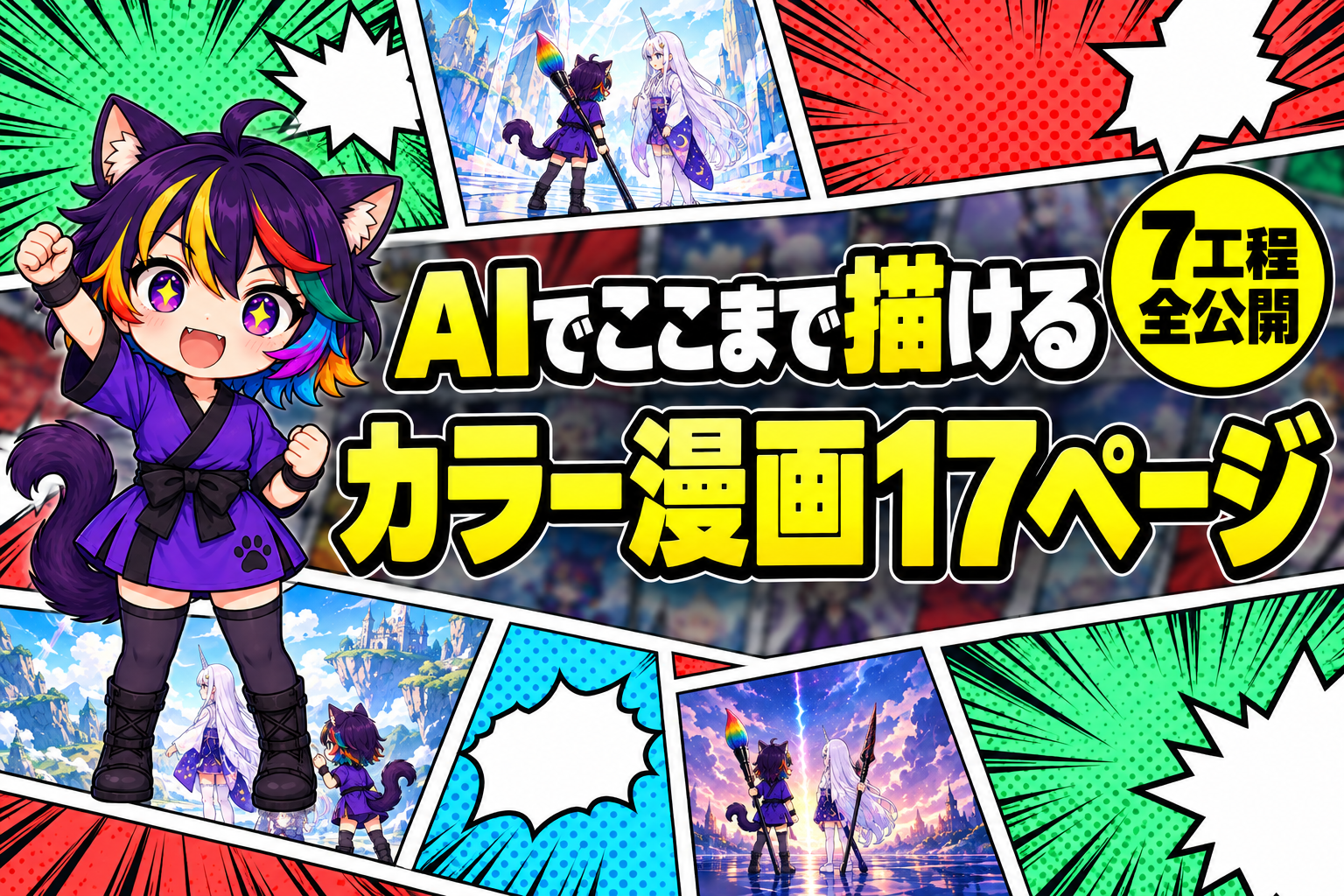 こぶしを上げるちびネムの後ろに、漫画のコマと網点の柄。題字は「AIでここまで描ける カラー漫画17ページ」「7工程 全公開」
