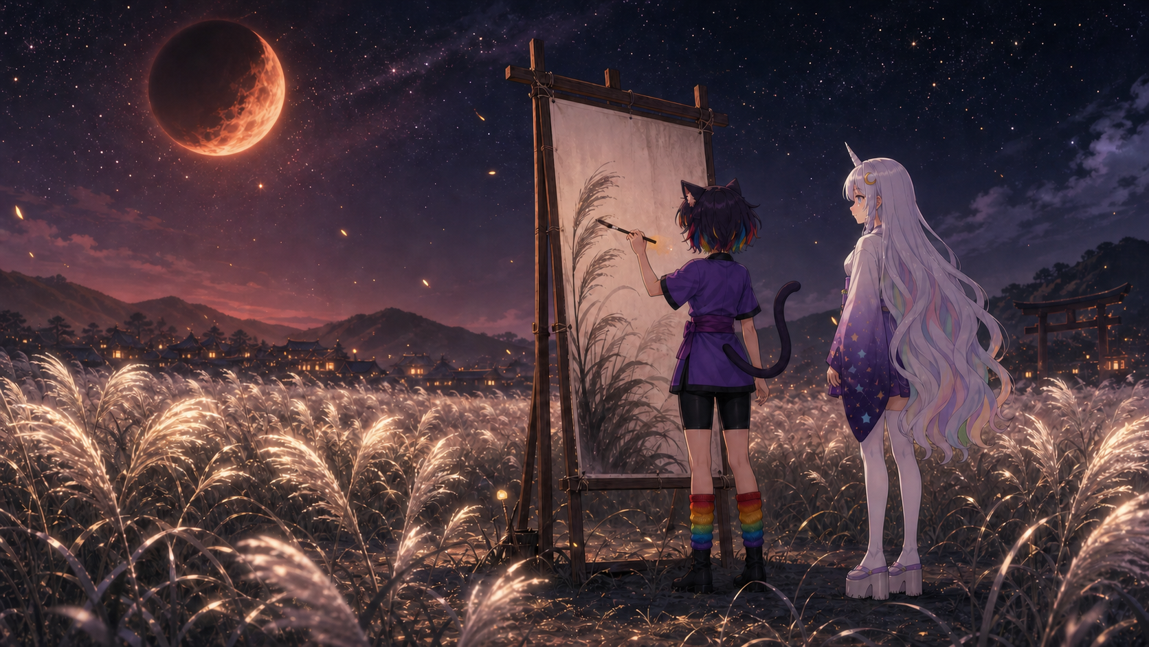 全ページの見本にしたコンセプトアート。すすき野原、立てた画布、欠けた赤い月