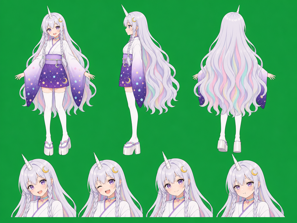 エマの正典シート。全身を正面・横・後ろの3方向と、表情ちがいの顔が4つ並んでいます(月蝕綺譚の公式が配っているもの。私が使った版です)