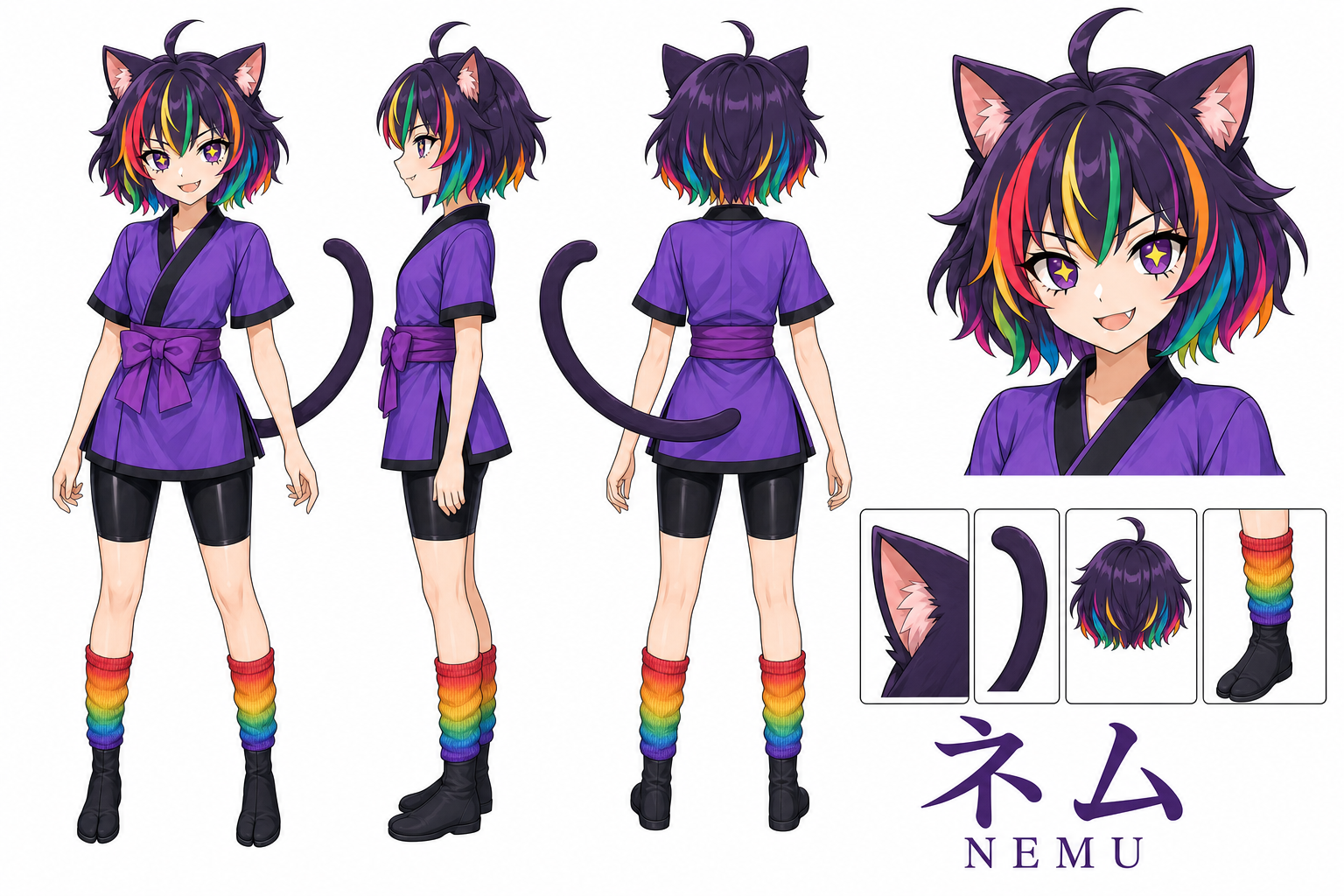 ネムの正典シート。全身3方向と顔のアップ、それに猫耳・しっぽ・髪・足元の拡大が付いています(月蝕綺譚の公式が配っているもの)