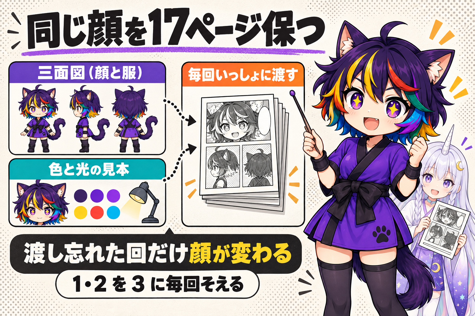 同じ顔を17ページ保つ3点セットの図。三面図と色と光の見本を、毎ページの発注にいっしょに渡す