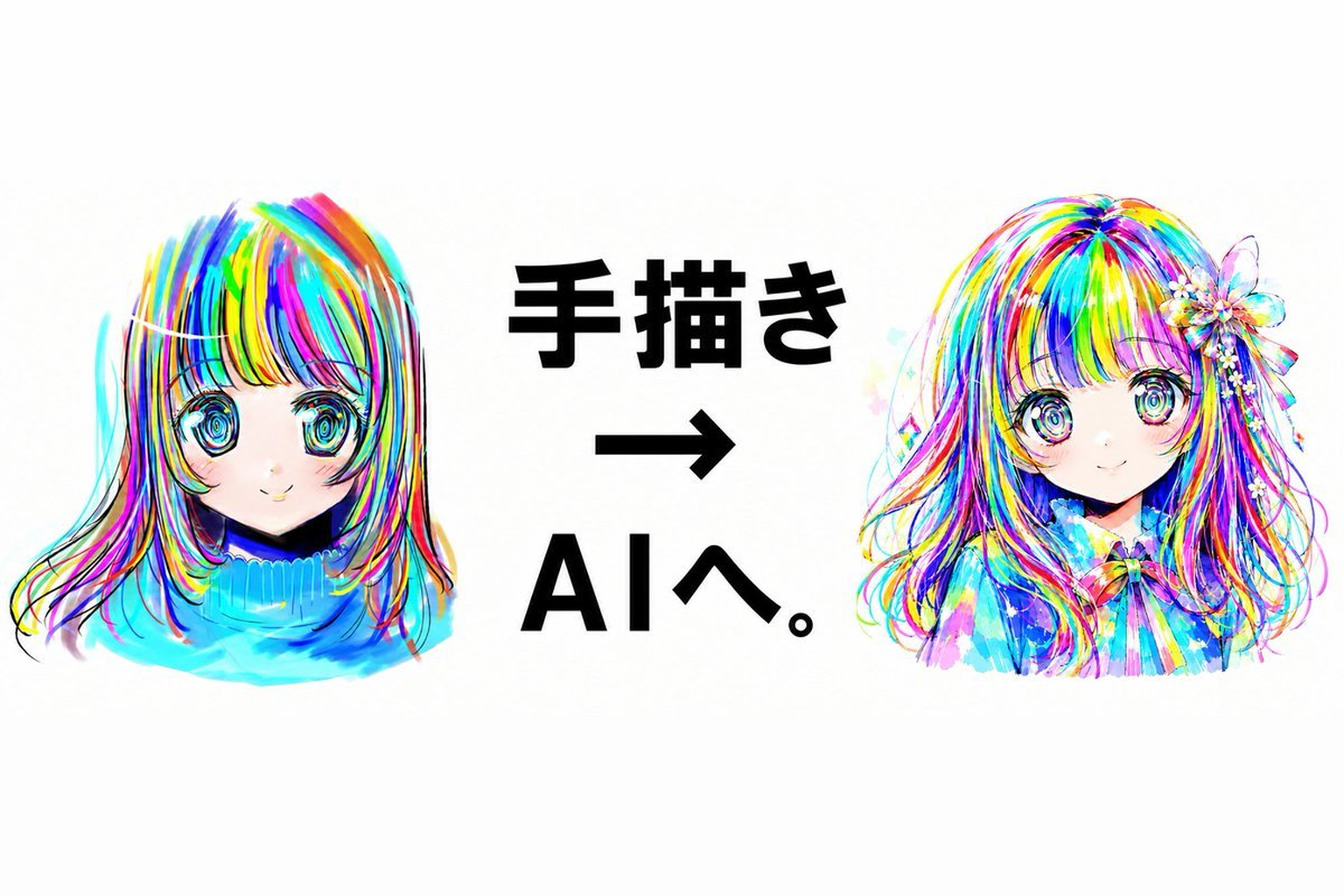 手描きのレインボーガールと、AIで描いたレインボーガールが並び、あいだに「手描き → AIへ。」と書かれた画像