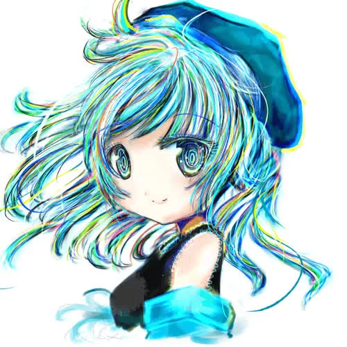 セカンドガール。水色の帽子をかぶった、青緑の髪の少女