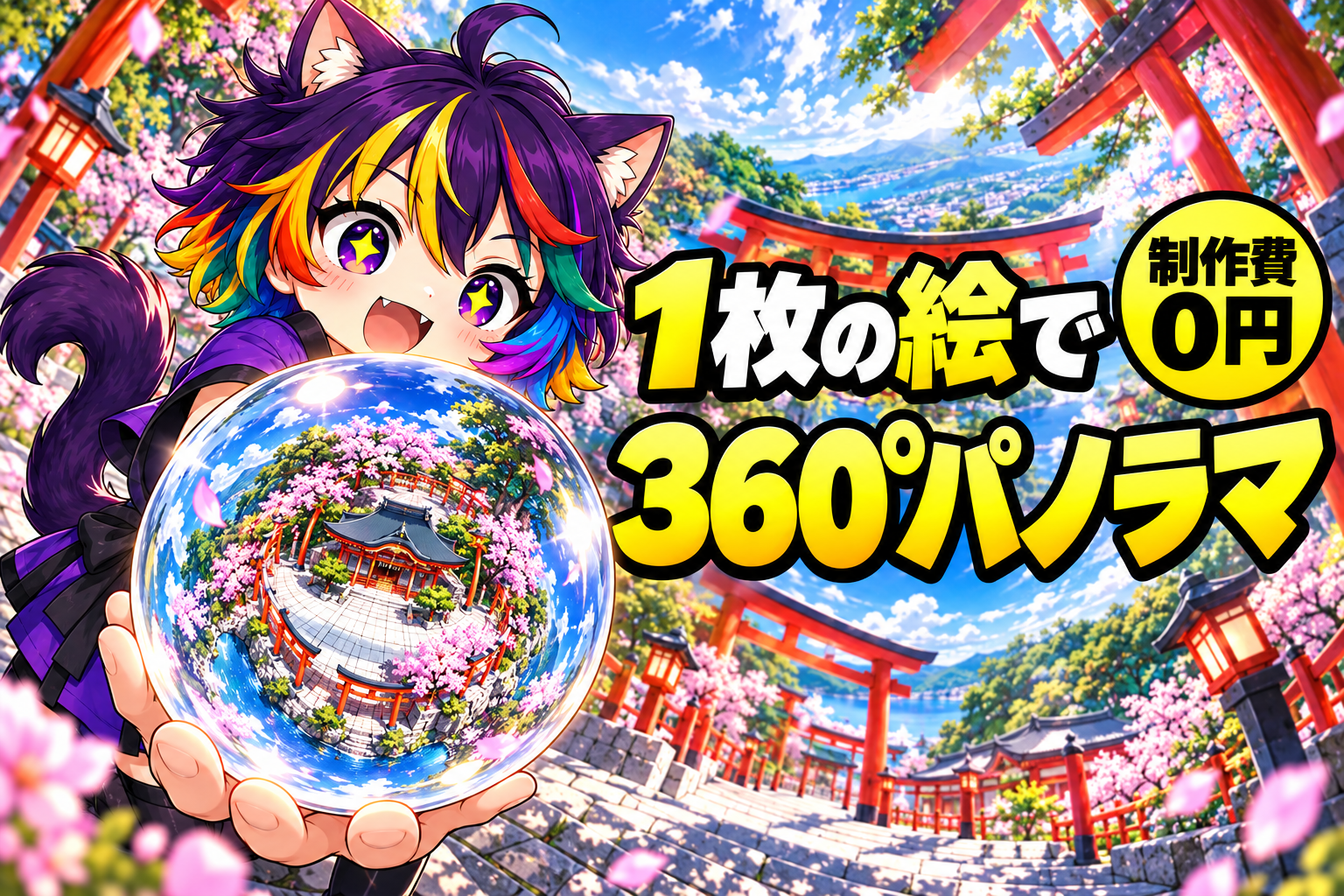 ちびネムが、360度の神社の景色が入ったガラス玉を手前に差し出している絵。題字は「1枚の絵で 360°パノラマ」「制作費 0円」