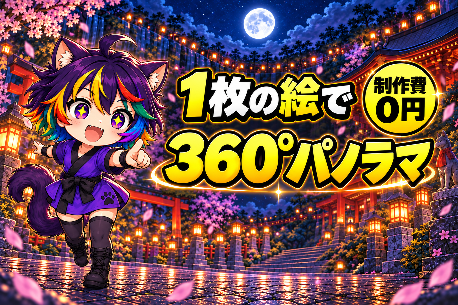 採用したサムネ。1枚の絵で 360°パノラマ。夜の神社の境内でちびネムが指を差している