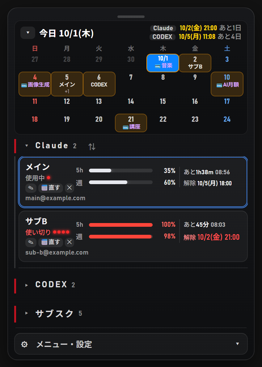CC Checkerの画面。4週間のカレンダー。