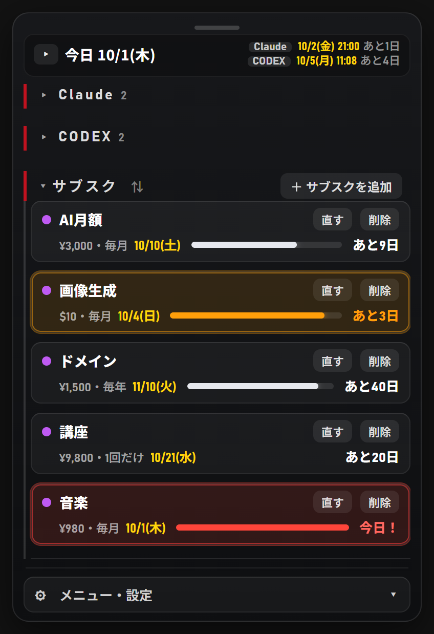 CC Checkerの画面。サブスクの一覧。