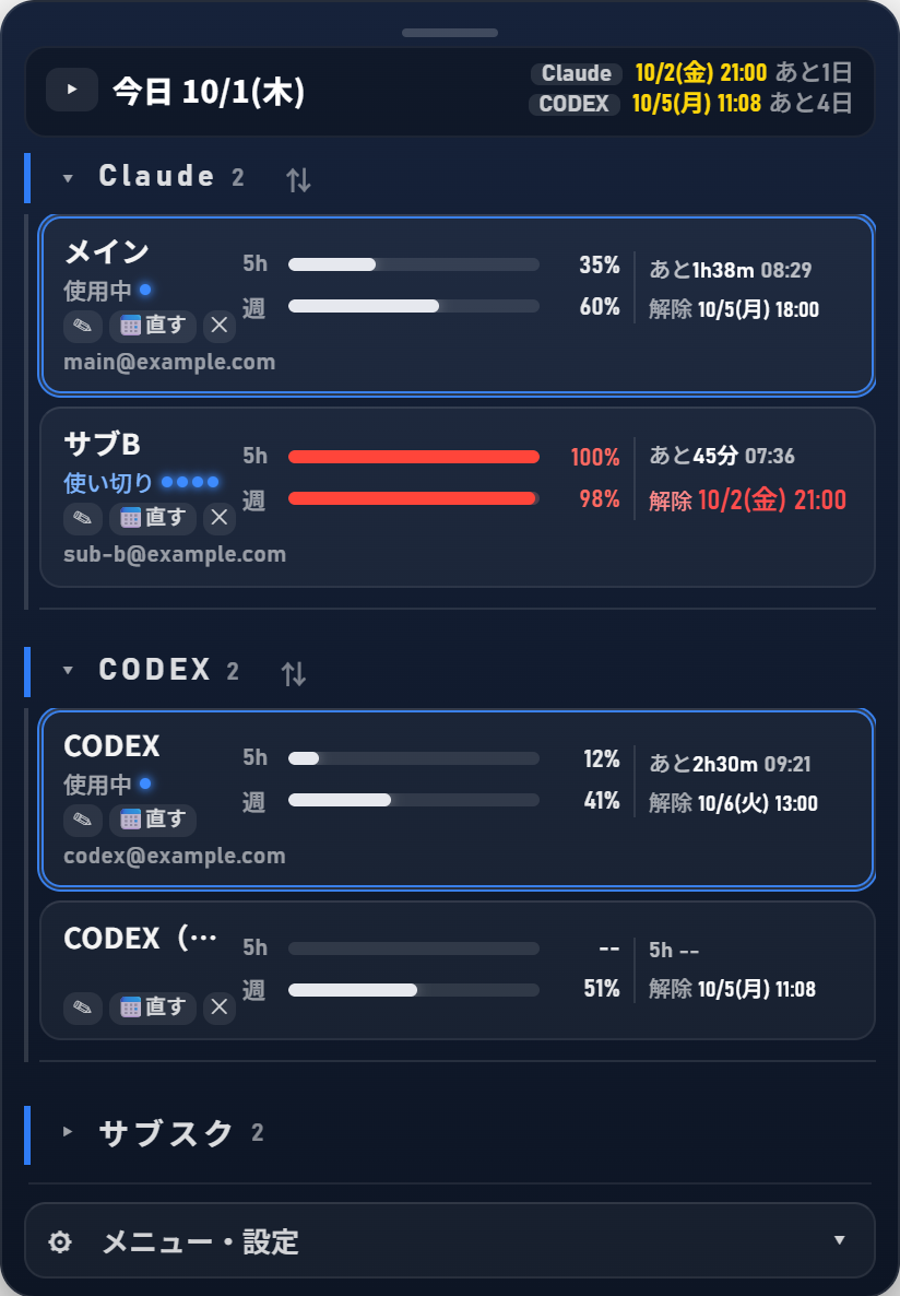 CC Checkerの画面。本体の色はネイビー。